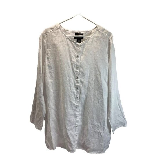 Tahari Tops - TAHARI  Collarless Linen Tunic Size 2X Button Down Shirt White Roll Tab flowy